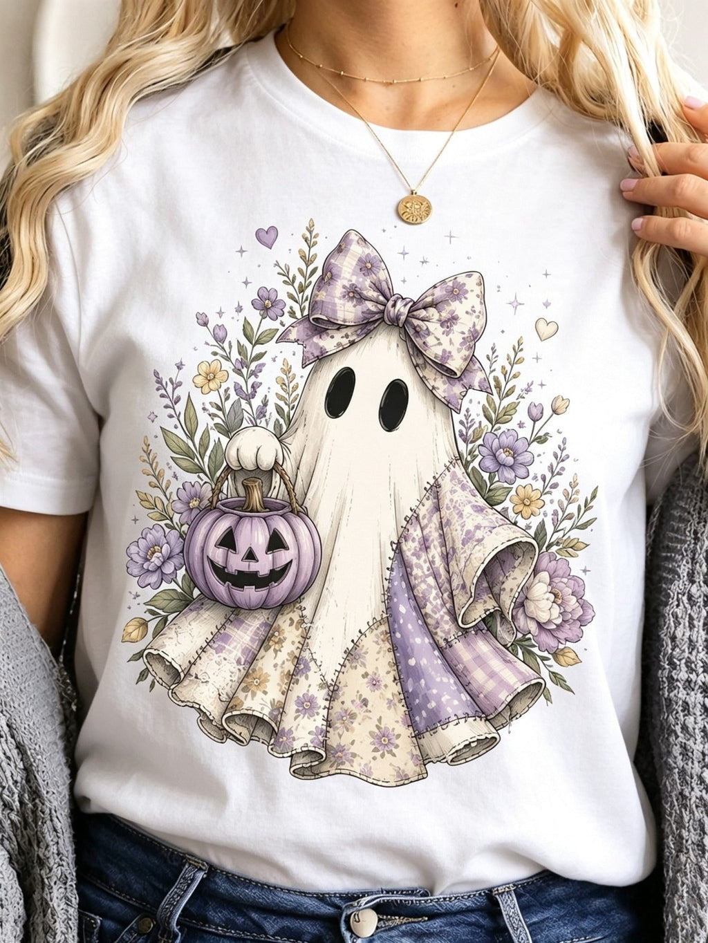 Unisex Vintage Floral Bow Ghost Pumpkin Bucket Graphic Short Sleeve Pastel Halloween