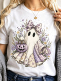 Unisex Vintage Floral Bow Ghost Pumpkin Bucket Graphic Short Sleeve Pastel Halloween