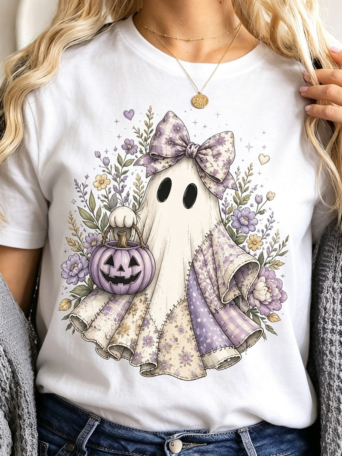 Unisex Vintage Floral Bow Ghost Pumpkin Bucket Graphic Short Sleeve Pastel Halloween