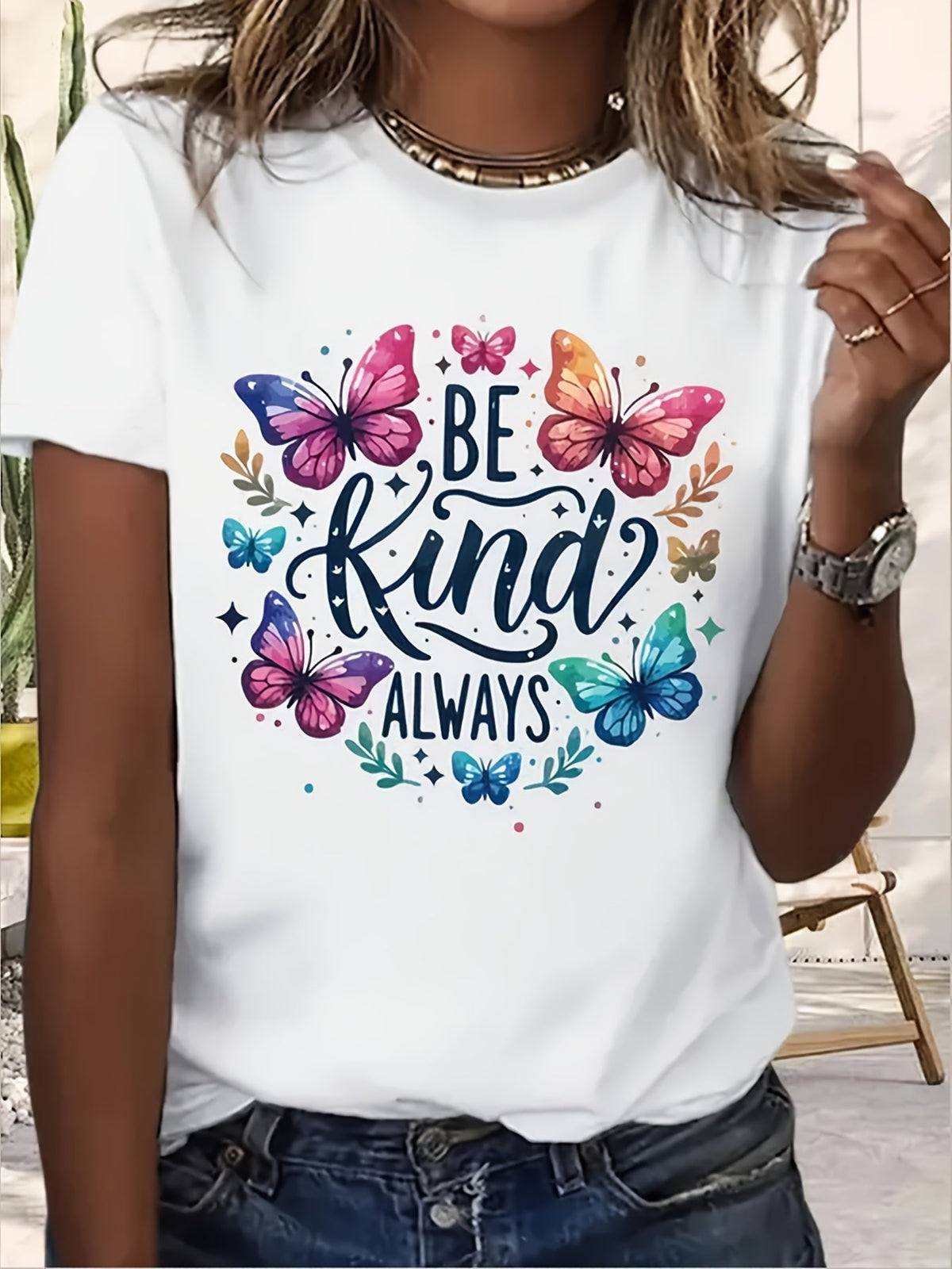 Be Kind Always Colorful Butterfly Inspirational Graphic Short Sleeve T‑Shirt, Positive Motivational Kindness Floral Butterfly Casual Everyday Tee Top
