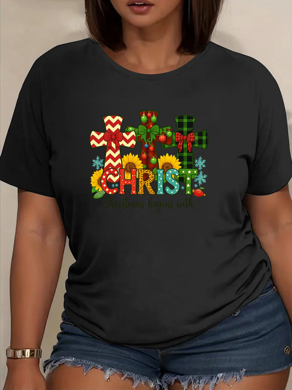Christ Christmas Begins With Cross T-Shirt Sunflower Faith Graphic Tee