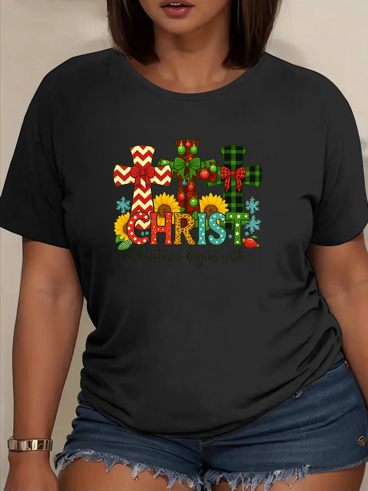 Christ Christmas Begins With Cross T-Shirt Sunflower Faith Graphic Tee
