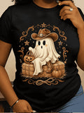 Halloween Women Short Sleeve T‑Shirt, Cowgirl Ghost Wearing Cowboy Hat Boots Sitting On Hay Bale Pumpkin Star Ornate Border Casual Graphic Tee