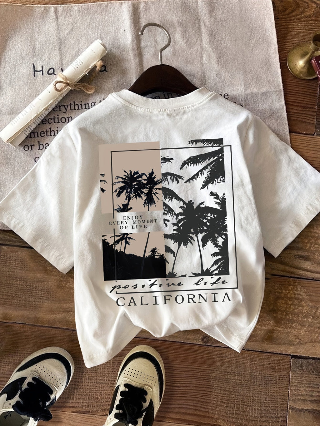 Palm Tree California Print Crew Neck Tee Sporty Machine Wash Summer Top