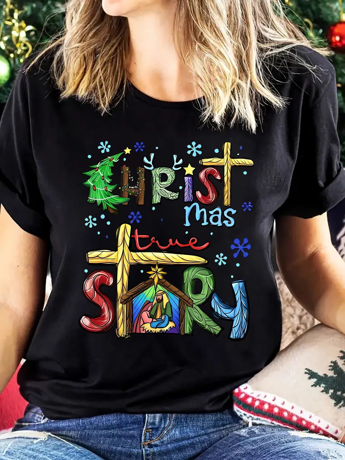 Christmas True Story T-Shirt Nativity Scene Cross Christian Graphic Tee