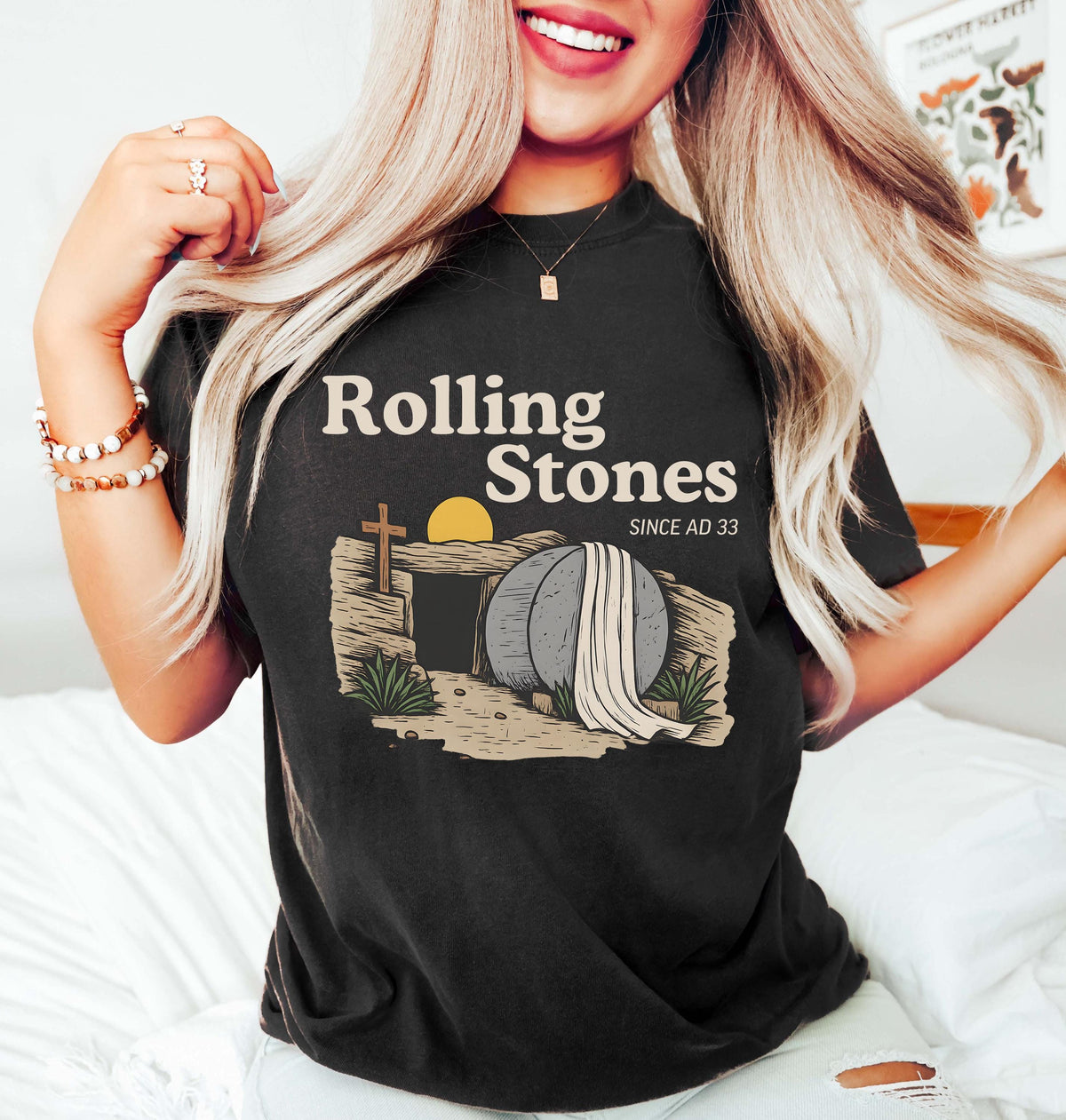 Women’s Easter Christian Faith Graphic Short‑Sleeve T‑Shirt, Rolling Stones Tomb Illustration Jesus Christ Crew Neck Casual Tee