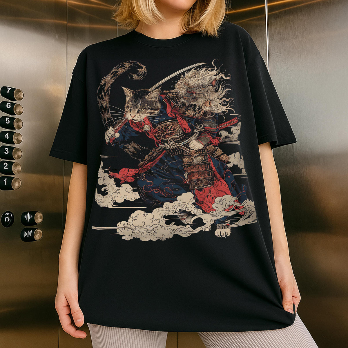 Japanese Samurai Cat Graphic Short‑Sleeve T‑Shirt, Traditional Ukiyo-e Irezumi Style Crew Neck Casual Art Tee for Men