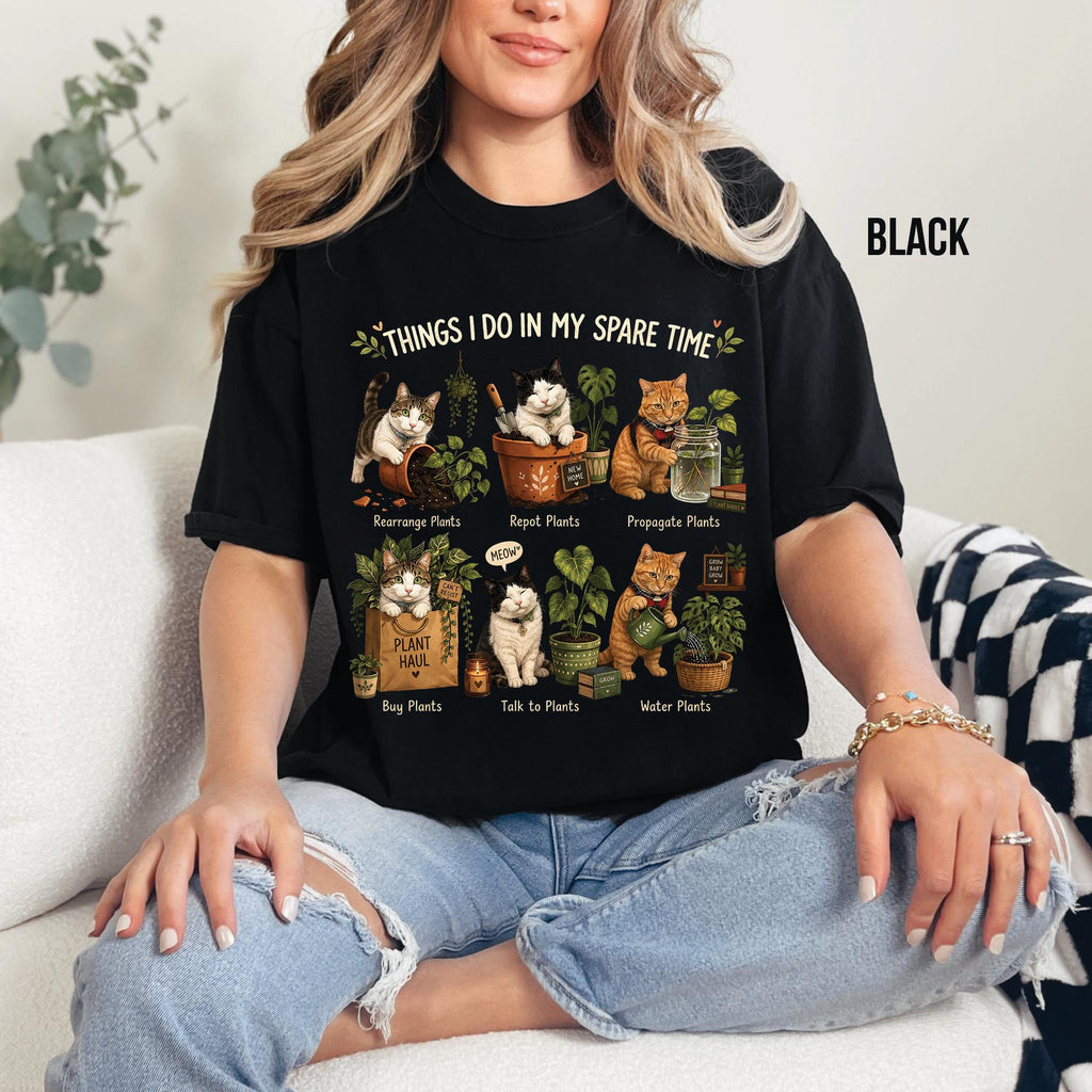 Women’s Funny Cat Plant Mom Graphic Short‑Sleeve T‑Shirt, Plant Lover Casual Vintage Top，Women Tshirts