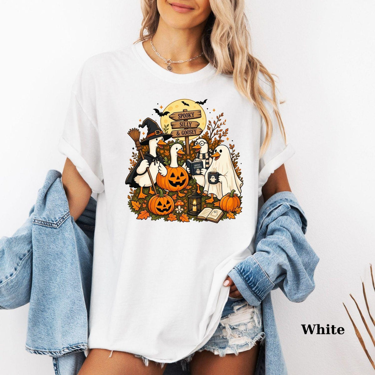 Women’s Halloween Silly Goose Graphic Short‑Sleeve T‑Shirt, Spooky Ghost Pumpkin Fall Casual Tshirts Women Clothing