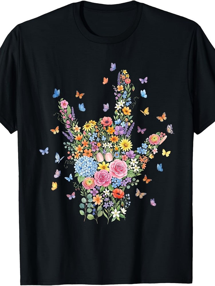 I Love You ASL Sign Language Botanical Flower Butterflies T-Shirt