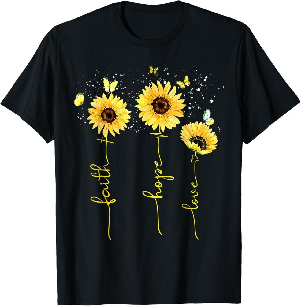 Faith Hope Love Christian Slogan Top with Sunflower Design T-Shirt