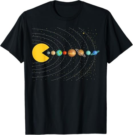 Funny Space Solar System Graphic Short‑Sleeve T‑Shirt, Retro Arcade Inspired Planet Galaxy Casual Top，Men Tshirts