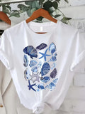 Women’s Seashell Starfish Graphic Short‑Sleeve Cotton T‑Shirt, Casual Women Clothing