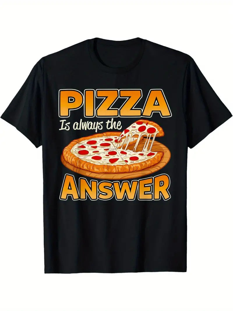 Men’s Funny Pizza Lover Graphic Short‑Sleeve T‑Shirt, Pizza Is Always The Answer Casual Foodie Crew Neck Top，Men Clothing