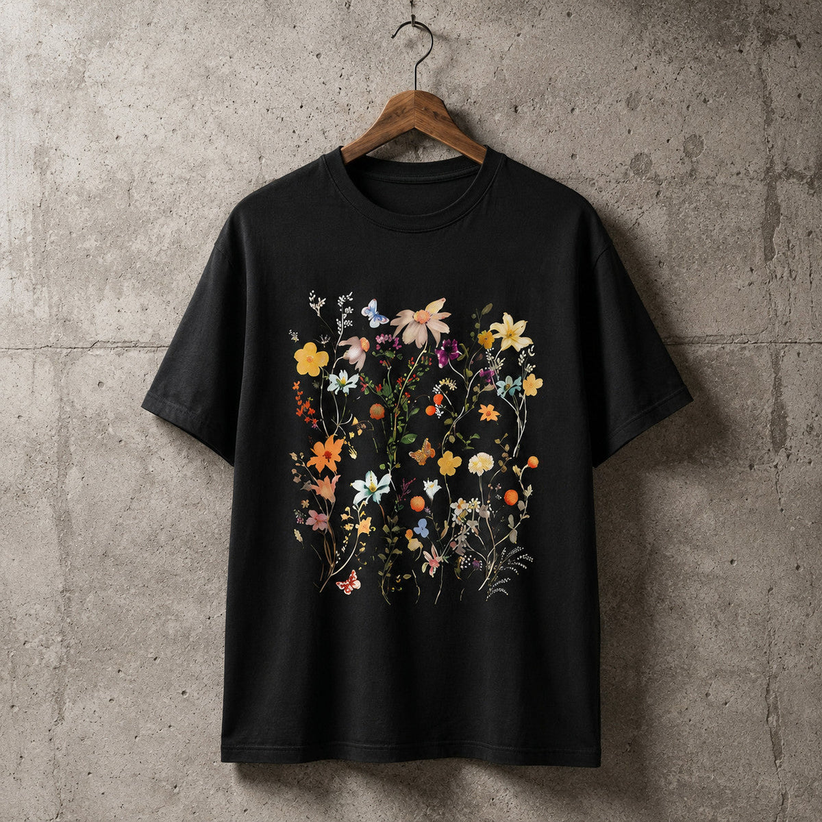 Women's Wildflower Bouquet T-Shirt Watercolor Floral Butterfly Graphic Tee Short Sleeve Crewneck Casual Top